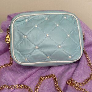 Vintage ESCADA Quilted Aqua Pearl-Studded Leather Crossbody Purse